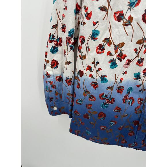 Lands' End Top Women XL White Blue Ombre Floral Print Button Down 100% Cotton - Picture 3 of 10